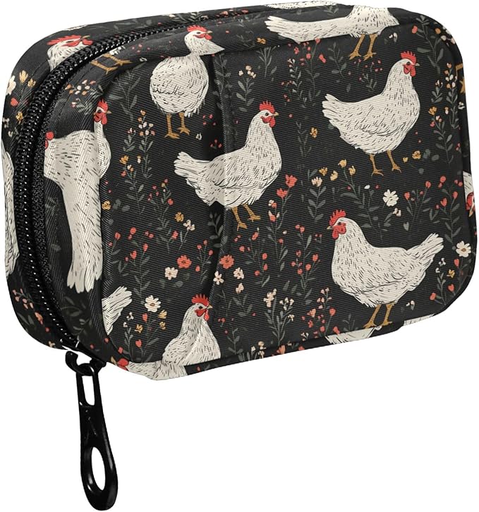 Fustylead White Farm Hen and Plants on Black Background Travel Pill Case Bag with Zipper Weekly Pill Box 8 Compartments 7 Day Personal Pill Case Purse Medicine Case Organizer