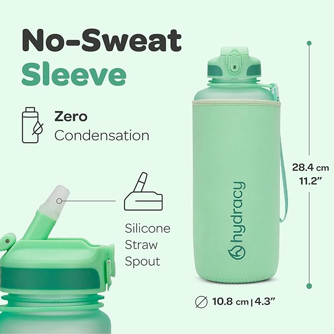 Hydracy Water Bottle with Time Marker -Large BPA Free Water Bottle & No Sweat Sleeve -Leak Proof Gym Bottle with Fruit Infuser Strainer & Times to Drink -Ideal for Fitness Sports & Outdoors