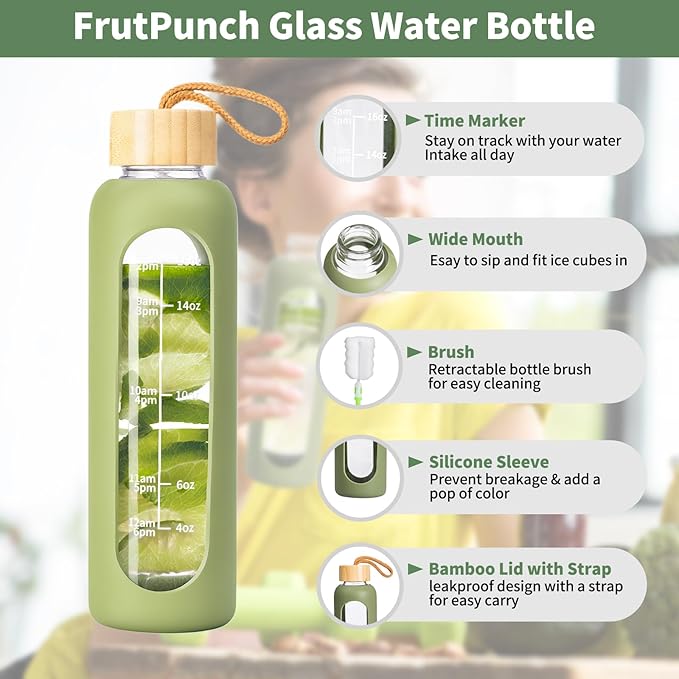 18 OZ Glass Water Bottles, Water Bottle with Time Marker, Leakproof Glass Water Bottles with Silicone Sleeves, Suitable for Offices and Gyms. (Green)