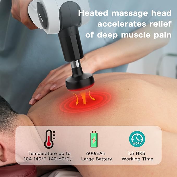 Massage Gun with Heat - Deep Tissue Percussion Massager for Pain Relief, 12mm Amplitude, 5 Speeds & 8 Attachments, Ideal for Muscle Recovery, Back Shoulder Leg - Gift for Athletes, Men, Women (White)