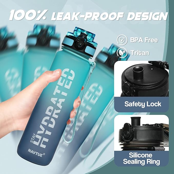 Water Bottle, 32 oz Sports Water Bottles with Time Marker Wide Mouth, Motivational and Leakproof Drink Bottle, BPA Free Tritan with Carry Strap for Gym Fitness Outdoor(1 Bottle)