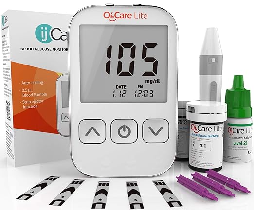 Oh’Care Lite Blood Sugar Test Kit – Blood Glucose Meter with Strips and Lancets, Lancing Device, Log, and Case - One Touch Eject Glucometer (110 Strips, 125 Lancets, & Control Solution)