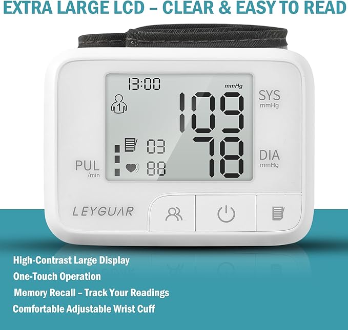 Wrist Blood Pressure Monitor – Digital BP Machine for Home Use, Large Display, Adjustable Cuff (5.3–7.6”), 99 Memory for 2 Users, Accurate & Portable Design, Portable Carrying Bag Included