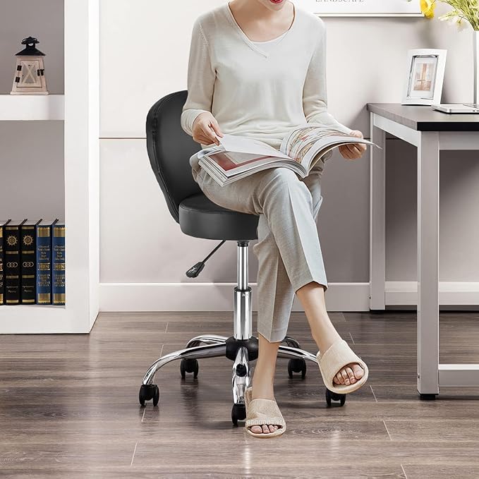Adjustable Swivel Rolling Stool Chair with Backrest and Wheels, Multi-Purpose Office Desk Chair, Thick Seat Cushion for Home Bar Kitchen Shop, Black