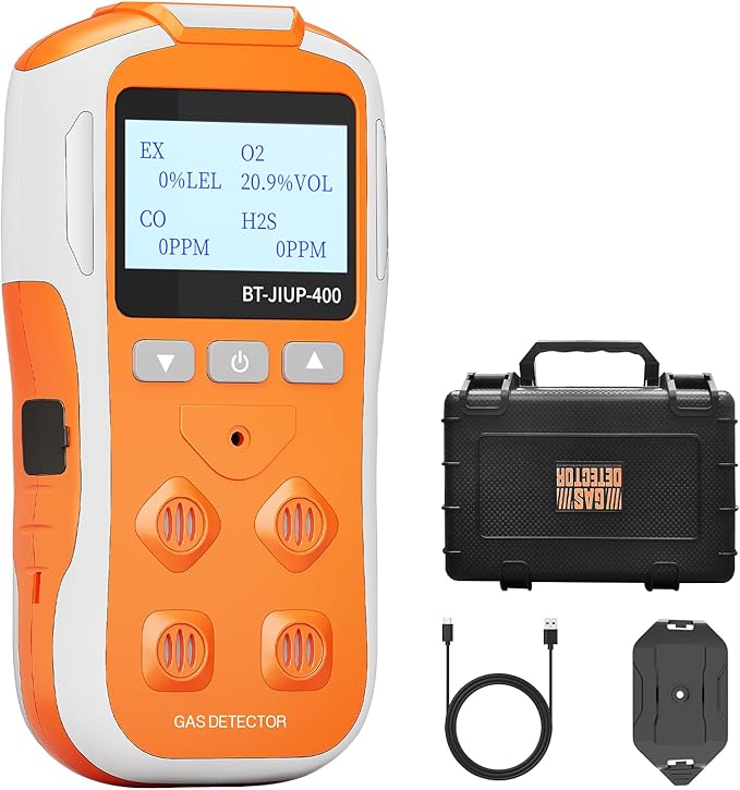 Gas Detector, 4-in-1 Monitor for H2S, CO, LEL, and O2 with Vibration, Visual, and Audible Alarms, 14-Hour Battery Life, Safety-Rated Explosion-Proof, for Work and Home - Orange