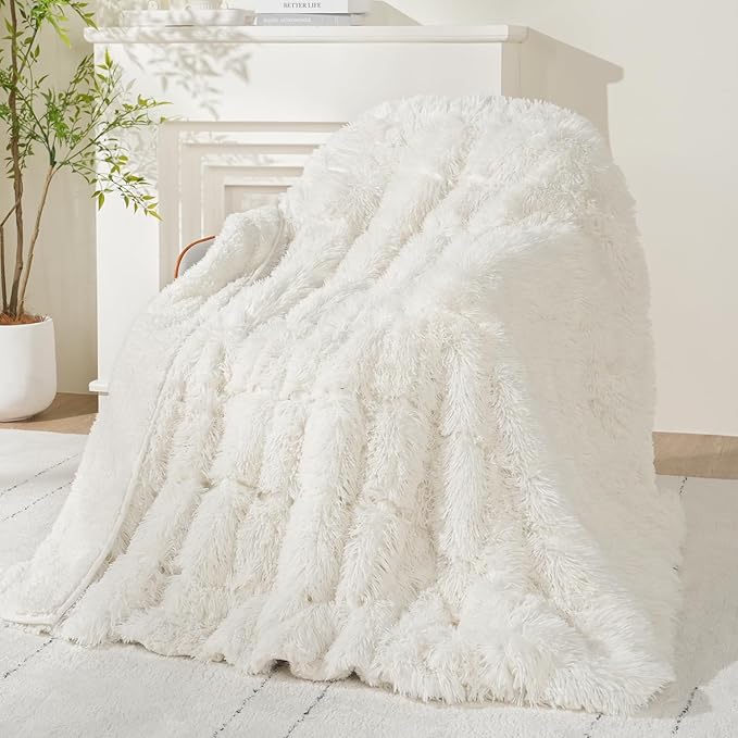 Wemore Shaggy Long Fur Faux Fur Weighted Blanket, Cozy and Fluffy Plush Sherpa Long Hair Blanket for Adult 15lbs, Fluffy Fuzzy Sherpa Reverse Heavy Blankets for Bed, Couch, Cream White, 48 x 72 Inches