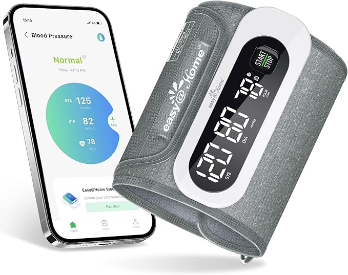 Wireless Bluetooth Blood Pressure Monitor for Home Use: Easy@Home Rechargeable BP Machine with Large Cuff, Free MyHeartPal App, One-Piece Design, Compact & Portable, iOS & Android Compatible, EBP-96B