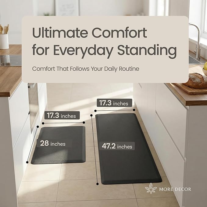 Anti Fatigue Kitchen Mats for Floor | Padded Kitchen Rugs | Non Slip, Cushioned Standing Desk Mat | Waterproof Floor Mat | 17.3" x 28" x 0.47" & 17.3" x 47.2" x 0.47", Black, 2-Pack | More Décor