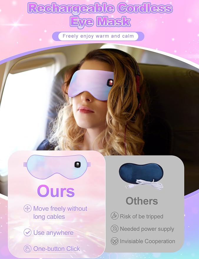Heated Eye Mask-Cordless Warm Eye Compress Heated Eye Mask for Dry Eyes, Blepharitis,Light Blocking Heat Eye Mask for Men Women, Electric Warm Eye Mask for Airplane Sleeping for Travel (Colorful)