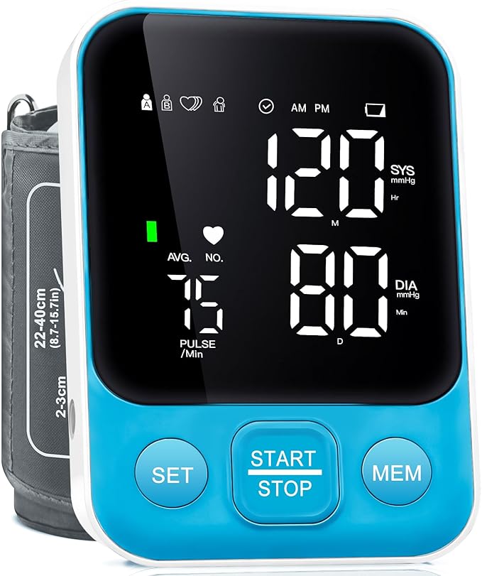 Blood Pressure Monitor Upper Arm Monitors for Home Use BP Machine with 2x120 Reading Memory Adjustable Arm Cuff 8.7"-15.7" Large Display with LED Background Light Storage Bag Light Blue