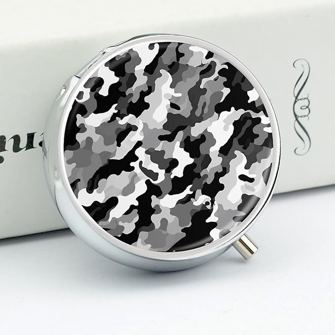 Black Grey White Camo Pill Case Metal Round Portable Pill Box,Waterproof Travel Pills Organizer Vitamins Medicine Storage Box for Travel Or Daily