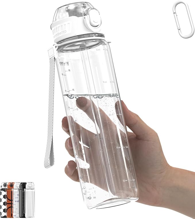 32oz/1L Sport Water Bottle, Light Tritan, Quick-Open Chug Lid/Straw 2-in-1, Leak-Proof, Dishwasher-Safe, BPA-Free, Drop-Resist & Scratch-Resist for Travel/Gym/Office (Clear Minimalism)