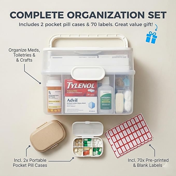 Portable Medicine Organizer Box & First Aid Kit Container – 3-Layer Folding Storage Bin with Handle & Latch, Clear Medical Supply Case for Home, Dorm, Sewing – w/ 2 Pill Pods & Labels