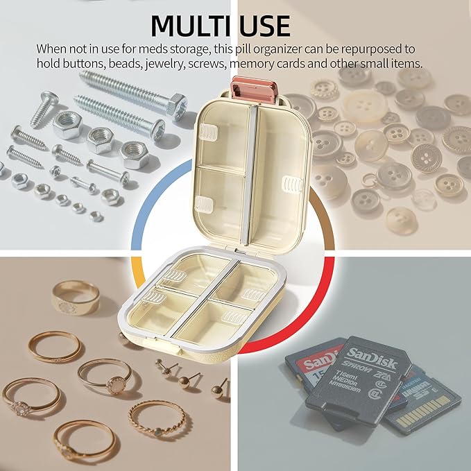 7 Compartments Travel Pill Organizer, Foldable Portable Airtight Daily Pill Box, Compact Pill Case for Purse & Pocket, BPA-Free Medicine Organizer for Vitamins Fish Oil Supplements (White)