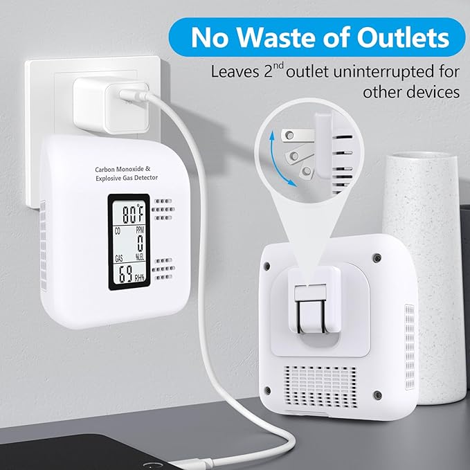 4-in-1 Upgraded Natural Gas Leak Detector and Carbon Monoxide Detectors,Carbon Monoxide Detectors Plug in with Temperature & Humidity Monitor CO Methane Propane Alarm for Home RV Hotel (1Pack White)