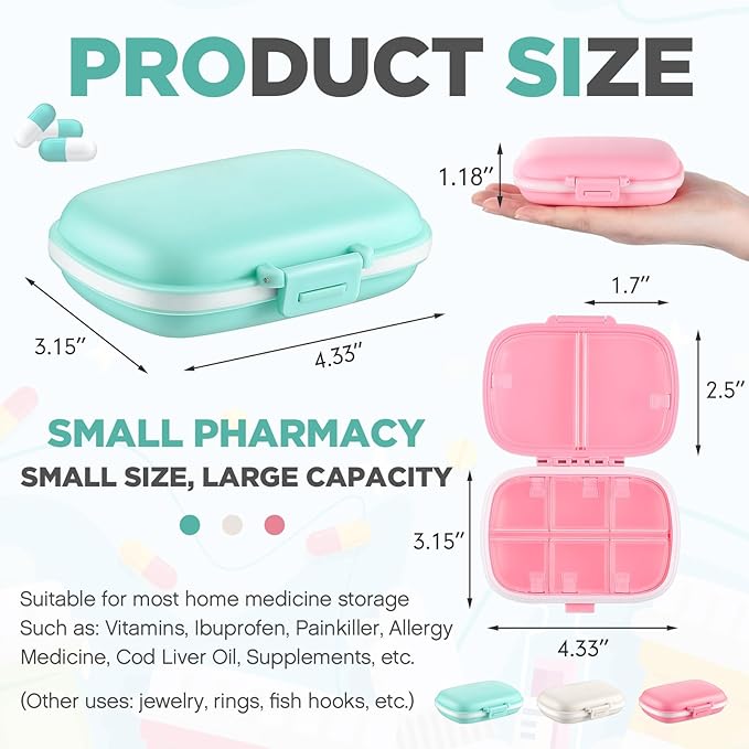 Layhit 30 Pcs Travel Pill Organizer Bulk with Labels Portable Daily Pill Dispenser 8 Compartments Medicine Storage Case for Vitamins, Fish Oils, Supplements (White,Pink,Green)