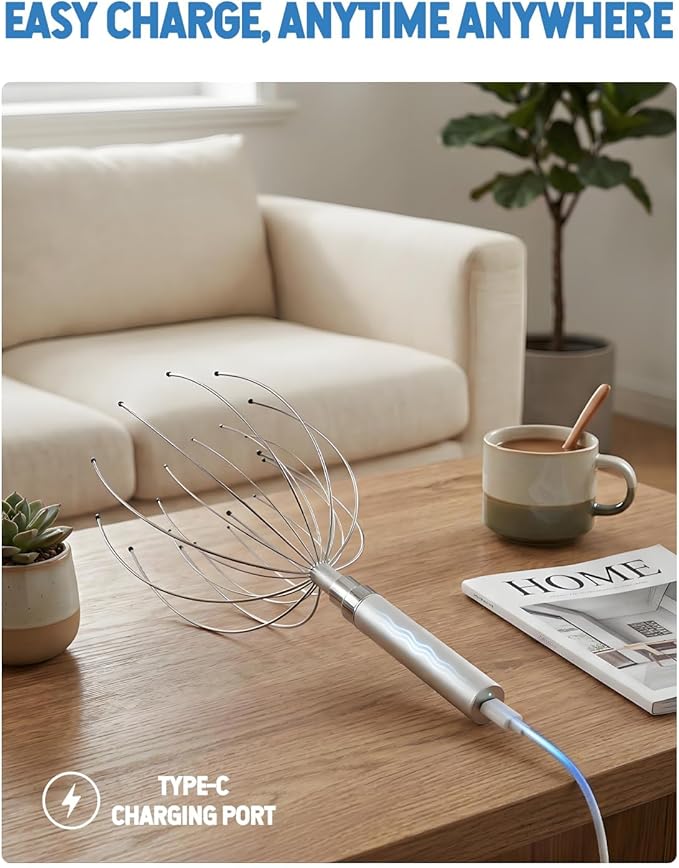 Head Massager Scalp Stress Relief, Rechargable Electric Scalp Massager, Handheld Vibrating Head Scratchers with 20 Metal Fingers for Hair Scalp Massage Relaxation Self-Care