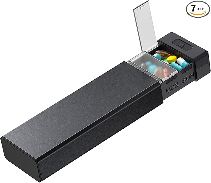 HEIYING 7 Days Pill Organizer with Aluminum Shell for One Week Capacity, Portable Metal Pill Case to Hold Vitamin, Medicine, Supplements