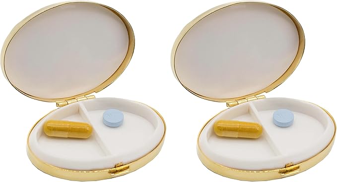 Set of 2 Oval-Shaped Pocket Purse Pill Box & Organizer with Dual Compartments (Gold Arrows)