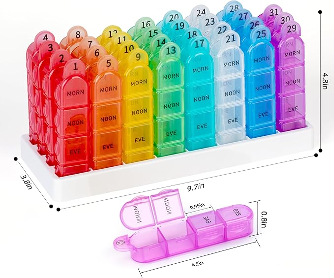Mouthly Pill Organizer 4 Times a Day,GrnPeak 30 Day Pill Holder with Removable Daily Cases, Travel Friendly, Transparent Design for Small Pills & Vitamins