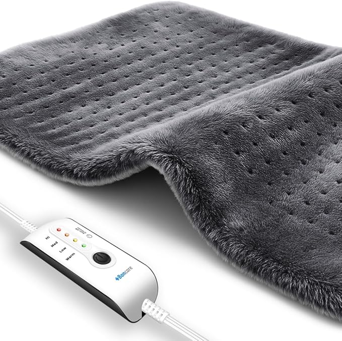 Boncare® Small Heating Pad for Neck and Shoulders and Back with Auto Off & 4 Temperature Settings, Fast Heat up Instant Comfort and Ultra Soft Velvet Plush Machine Washable (Gray, 11"x20")