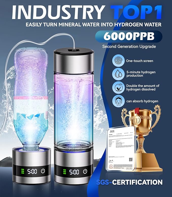 4.0 Upgrade Hydrogen Water Bottle & Hydrogen Absorption 【SGS Certification - 6000PPB】【NO.1-100% Odorless】 Hydrogen Water Bottle - 2025 SPE PEM Technique, Applicable to Various Water