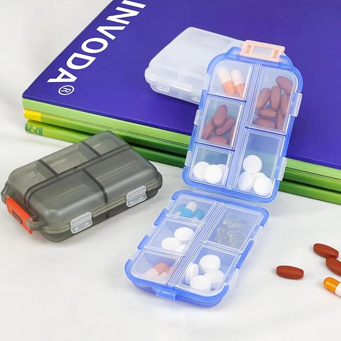 Travel Pill Organizer Portable Pocket Pill Case Small Pill Box for Purse Medicine Organizer Have 10 Compartments Storage Vitamin Fish Oil by INVODA (1PCS Blue+Lables)