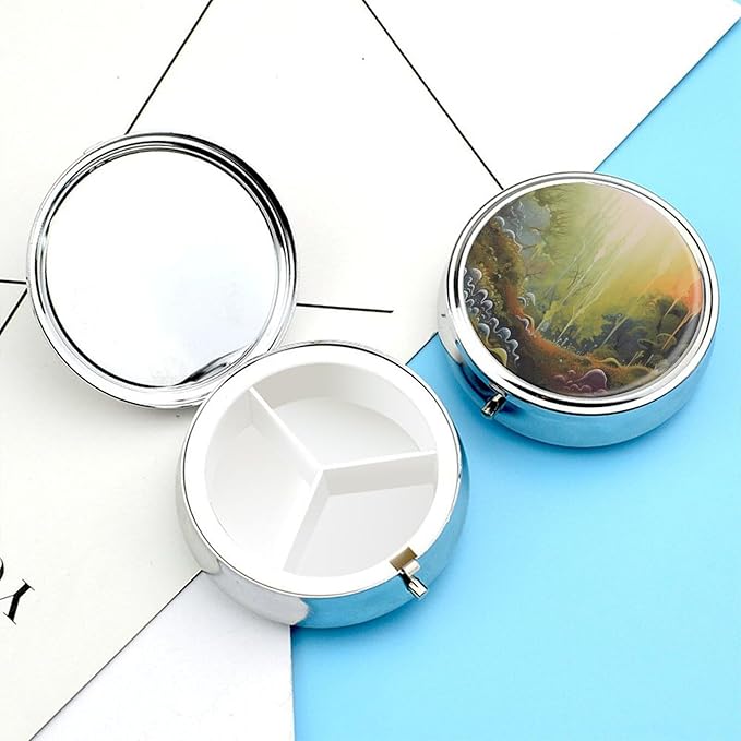 Artwork Pill Box 3 Compartment Small Pill Case Portable Pill Box for Pocket Or Purse Round Metal Pill Box Cute Medicine Organizer Holder to Hold Vitamins Medication