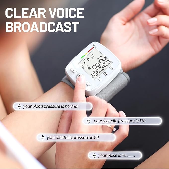 Blood Pressure Monitor Digital Wrist BP Machine Automatic BP Cuff (5.3 to 7.7 in) with 2 Users 180 Memory Voice Large LCD Display Adjustable Cuff USB Charging Carrying Case,White