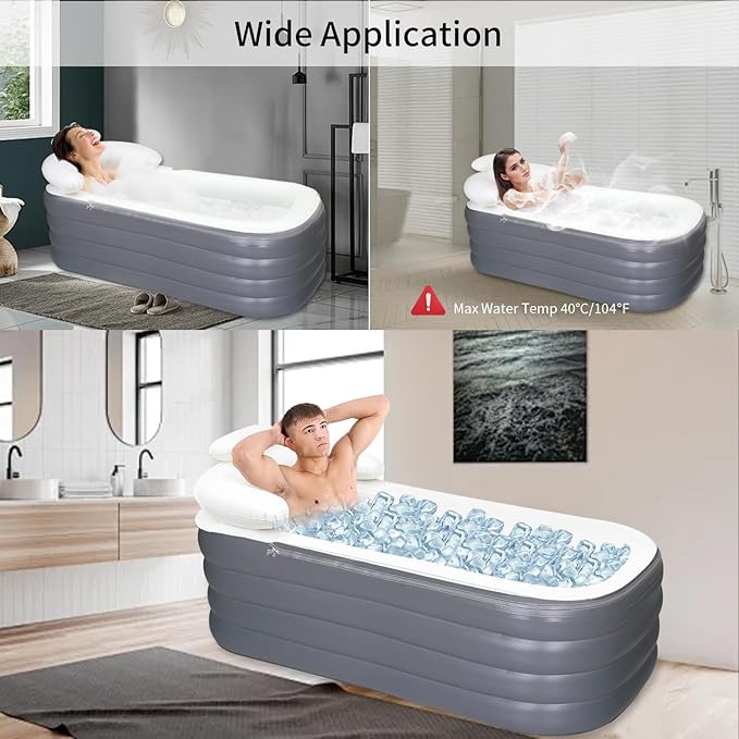 B&Y Portable Adult Soaking Bathtub, Ice Bath Tub Family Home Spa Tub with Zipper Cover, Designed with Headrest, Cup Holder (Air Pump Included) (Rectangular-164x84x51cm (without Machine))