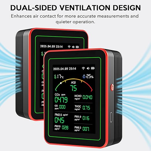 Air Quality Monitor Home Indoor - 15-in-1 Professional Air Meter with HCHO, CO2, PM, TVOC, AQI, Temperature & Humidity, Real-Time Display, App Control, Portable, Accurate for Home & Office Use