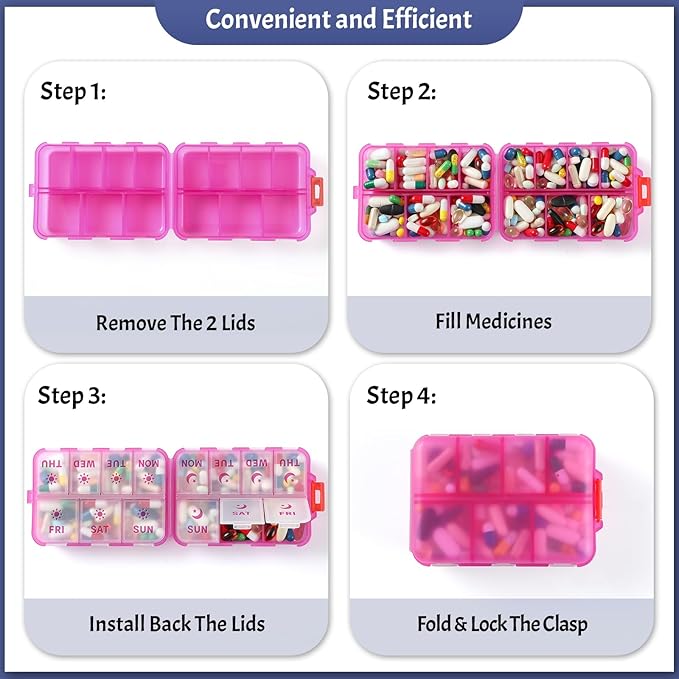 New Foldable & Double Protection Portable Weekly Pill Organizer 2 Times A Day with Etched Labels, AM PM 7 Day Week Medicine Box, Daily Travel Pill Case Dispenser for Vitamin, Supplement - Clear Pink
