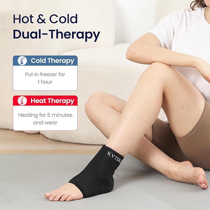 Ankle Ice Pack Wrap Reusable Gel Cold Compression Sleeve for Swelling, Sprained Ankle, Achilles Tendonitis & Plantar Fasciitis Relief （Black+Cold Ice Pack，Large）