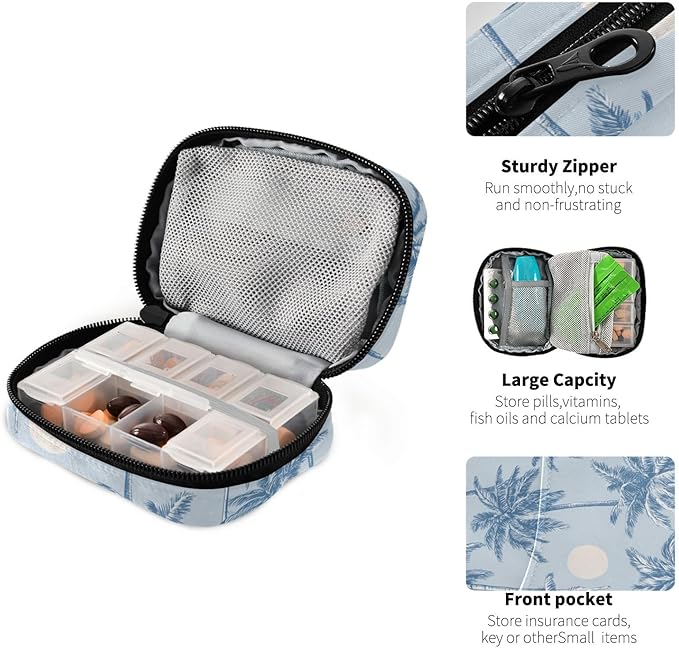 Light Blue Palm Trees and Sun Travel Pill Organizer Case Box Container Weekly Portable Vitamin Medicine Holder Storage Bag with Zipper Removable
