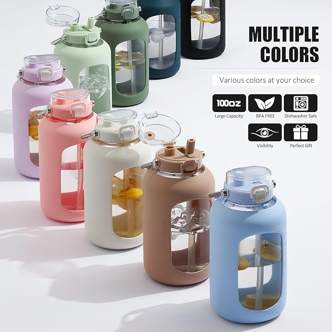 Large Glass Water Bottles with Stainless Steel Handle,100 oz Gallon Drinking Bottle with 2-in-1 Straw Lid,3 Liter Glass Water Jug with Silicone Sleeve,Wide Mouth,White