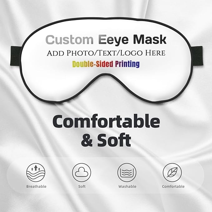 Custom Sleep Eye Mask Personalized Men Women Blindfold Design Your Own Photo Text Logo Adjustable Strap Soft Eyeshade Customized Blackout Eye Cover for Home Offices Travel White