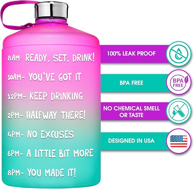 NatureWorks HydroMATE 1/2 Gallon Water Bottle with Times to Drink BPA Free Leak Proof Reusable Jug with Handle 64 oz (Pink Aqua)