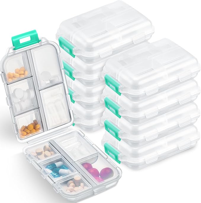 Meekoo 8 Pcs Travel Pill Organizer Pocket Portable Pill Case Daily Container Small Container Medicine Travel with 10 Compartments for Purse Fish Oil Medicine(Clear White)