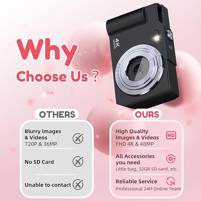 Digital Camera, FHD 4K Digital Point and Shoot Camera with 16X Zoom Anti Shake, 48MP Compact Small Camera with 32GB Card for Boys Girls Kids