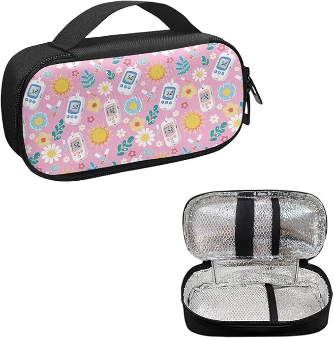 Rnyleeg Pink Diabetic Bags for Supplies Cute Sun Flowers Insulin Bag for Women Small Diabetic Supplies Storage for Home Medicine Carrying Case Glucose Meter Cases