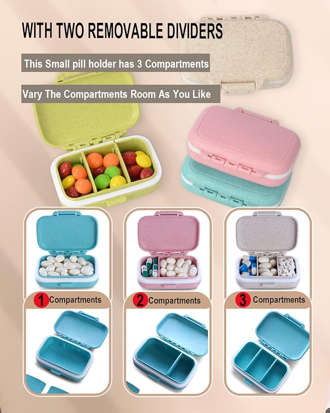4 PC Pill Case 3 Removable Compartments Pill Box BPA-Free,Day Pill Organizer/3 Times a Day/AM-PM Travel Pill Organizer for Pocket or Purse Storage Vitamin, Fish Oil or Medicine