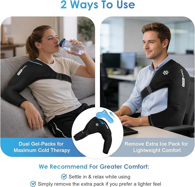 ComfiTECH Dual-Gel Shoulder Arm Ice Pack Wrap with Extended 30-Min Cooling, Detachable Cold Pack & Flexible Gel Ice Sleeve for Volleyball Pitchers, Post-Workout Recovery, Muscle Relaxation, Large