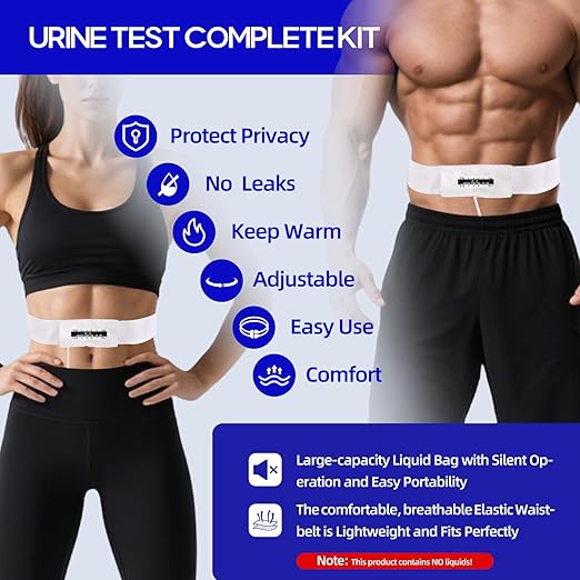 Urine Test Complete Kit with 2 to 4 oz Flexible Pouch, 43.3 Inch Concealed Stretch Belt with 5 Release Outlets, Temperature Strips, Silicone Funnel, Clamps and Plug, Reusable Storage System White