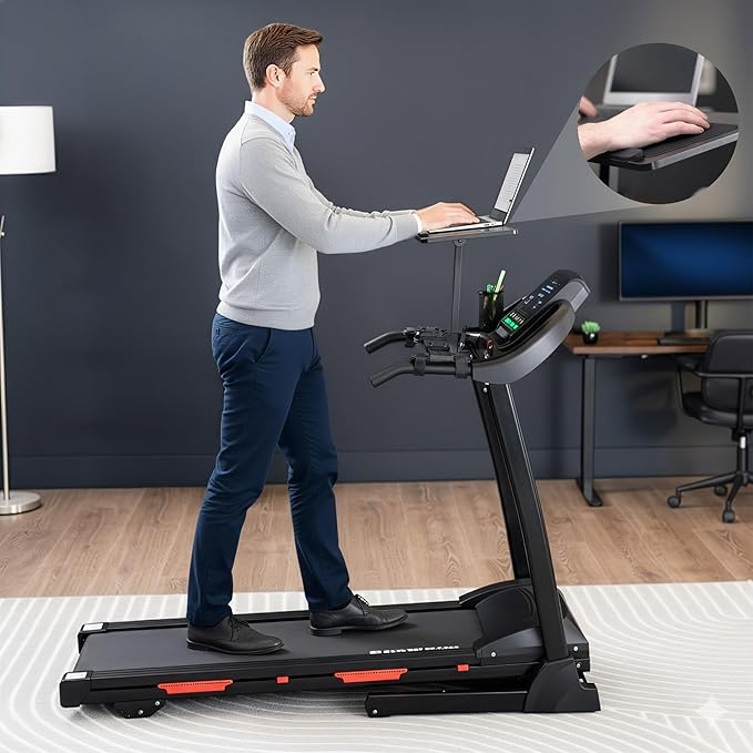 VIVO Wooden Laptop Treadmill Desk, Tilting Ergonomic Notebook Mount Stand with Mouse Pad and Wrist Support, Fits Both Round and Square Handlebars, Black, STAND-TDML4R