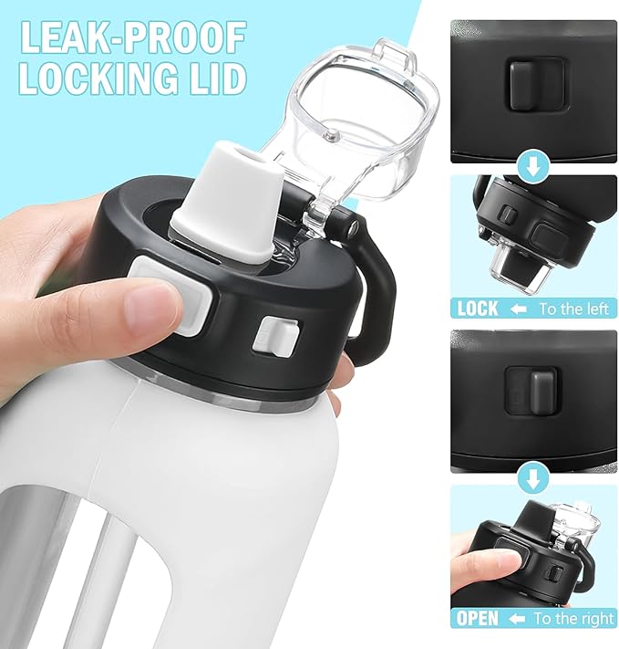 Kodrine Water Bottle With Straw and Carry Handle, Glass Water Bottle 24 oz Leak Proof Locking Lid with Soft Silicone Spout, Reusable Drinking Cups for Travel Sports with Time Marker,White