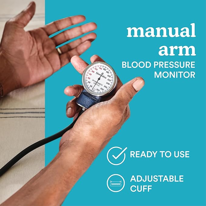 Homedics Manual Arm Blood Pressure Monitor with Stethoscope, Easy-to-Read Aneroid Gauge, Adjustable Nylon Cuff 9”-17”, D-Ring Fastener, Aluminum Chest Piece, Latex-Free