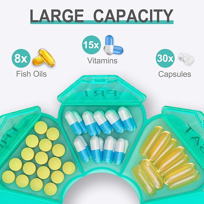 𝐖𝐞𝐞𝐤𝐥𝐲 𝐏𝐢𝐥𝐥 𝐎𝐫𝐠𝐚𝐧𝐢𝐳𝐞𝐫, Thinned and Enlarged 7 Day Pill Organizer, Cute Daily Pill Box with Large Compartment for Travel, Pill Container for Medication, Vitamin, Supplements(Green)