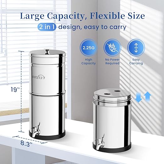 Gravity Water Filter System, 2.25G Stainless Steel Countertop System Water Purifier, Reduce 99% Chlorine for Home Camping Backpacking RVing, 2 Carbon Filters
