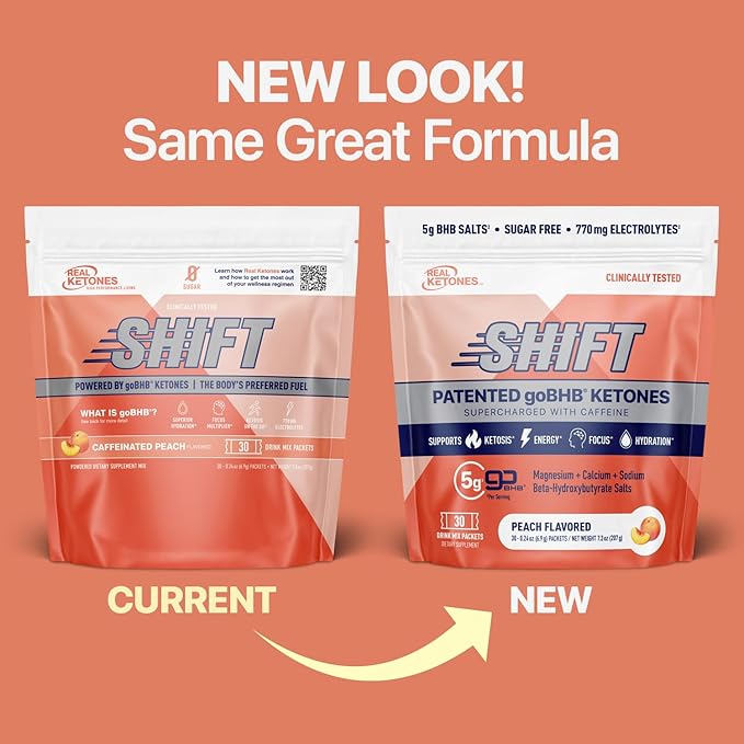 Real Ketones BHB Exogenous Ketones Drink Mix Packets Keto Electrolytes Powder Packets No Sugar with 4 Main Fasting Electrolytes Plus Hydrating Patented Keto BHB - 30 Count Peach Caffeine (Pack of 3)