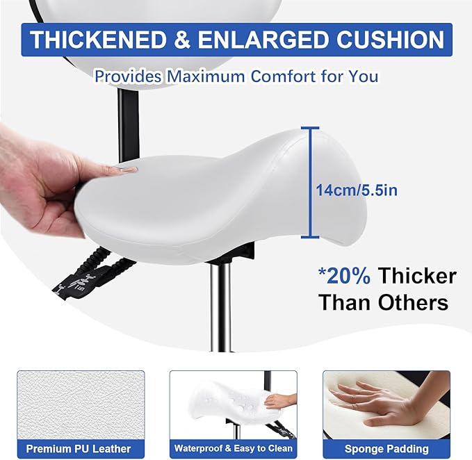 Upgrade Saddle Stool with Back Support, 400lbs Adjustable Salon with Wheels, Wide Thick Seat Padding, Ergonomic Esthetician Seat for Home Office Salon Shop Dentist Clinic, for People 5 Ft To6 Ft Tall